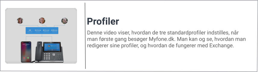 Denne video viser, hvordan de tre standardprofiler indstilles, når man første gang besøger Myfone.dk. Man kan og se, hvordan man redigerer sine profiler, og hvordan de fungerer med Exchange. Profiler