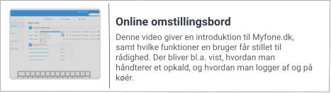 Denne video giver en introduktion til Myfone.dk, samt hvilke funktioner en bruger får stillet til rådighed. Der bliver bl.a. vist, hvordan man håndterer et opkald, og hvordan man logger af og på køér. Online omstillingsbord