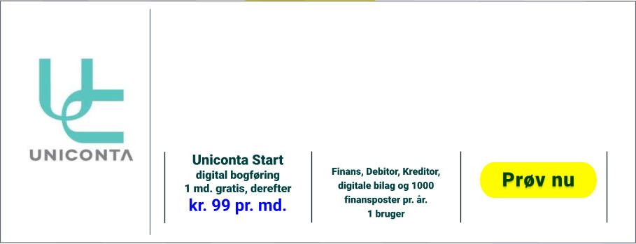 Uniconta Start  digital bogføring 1 md. gratis, derefter kr. 99 pr. md.    Finans, Debitor, Kreditor, digitale bilag og 1000 finansposter pr. år. 1 bruger Prøv nu