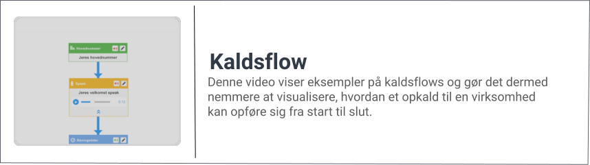 Denne video viser eksempler på kaldsflows og gør det dermed nemmere at visualisere, hvordan et opkald til en virksomhed kan opføre sig fra start til slut. Kaldsflow